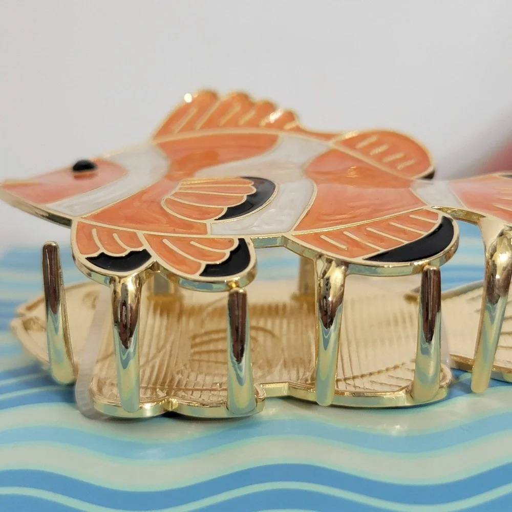 Piper K Clownfish Hair Claw Clip Orange White Enamel Tropical Fish Gold Nemo NEW